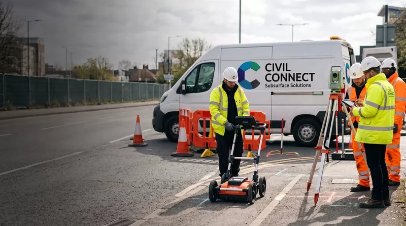 Civil Connect engineers carrying out a utility survey beside a company van