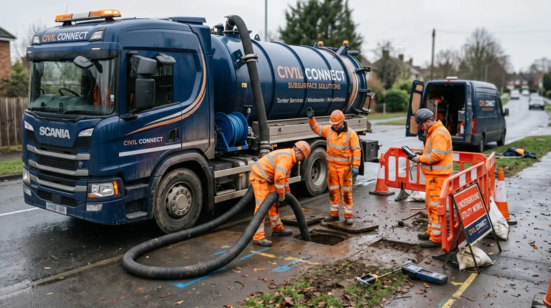 Civil Connect jet vac tanker and engineers working on a live drainage site