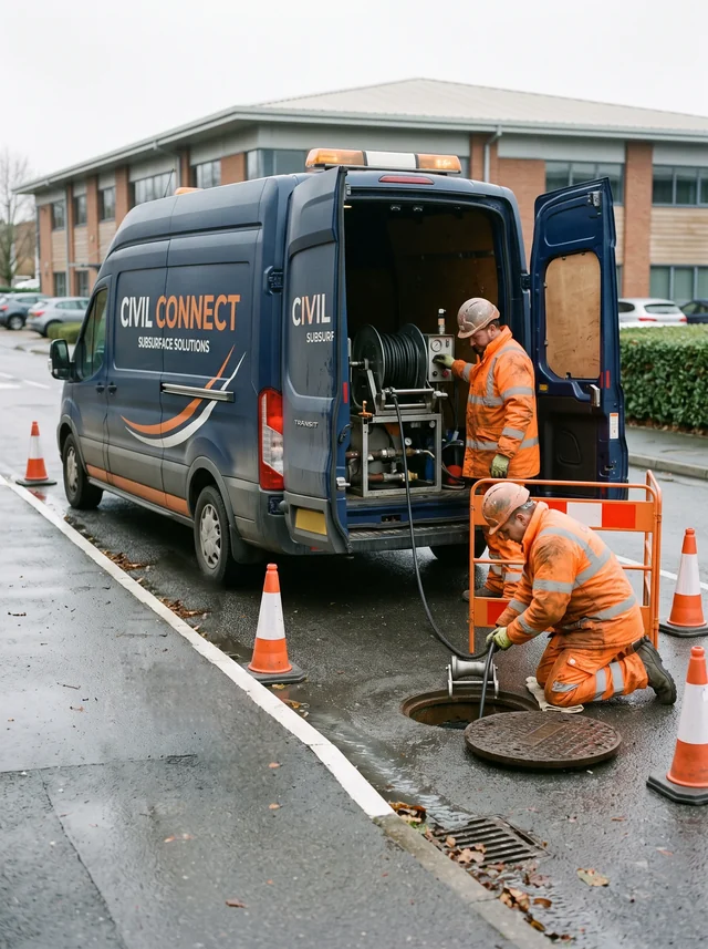 Civil Connect engineers surveying a manhole beside a branded van