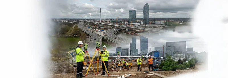 construction site with surveyors using advanced tools such as a total station, 3D laser scanner, and drone