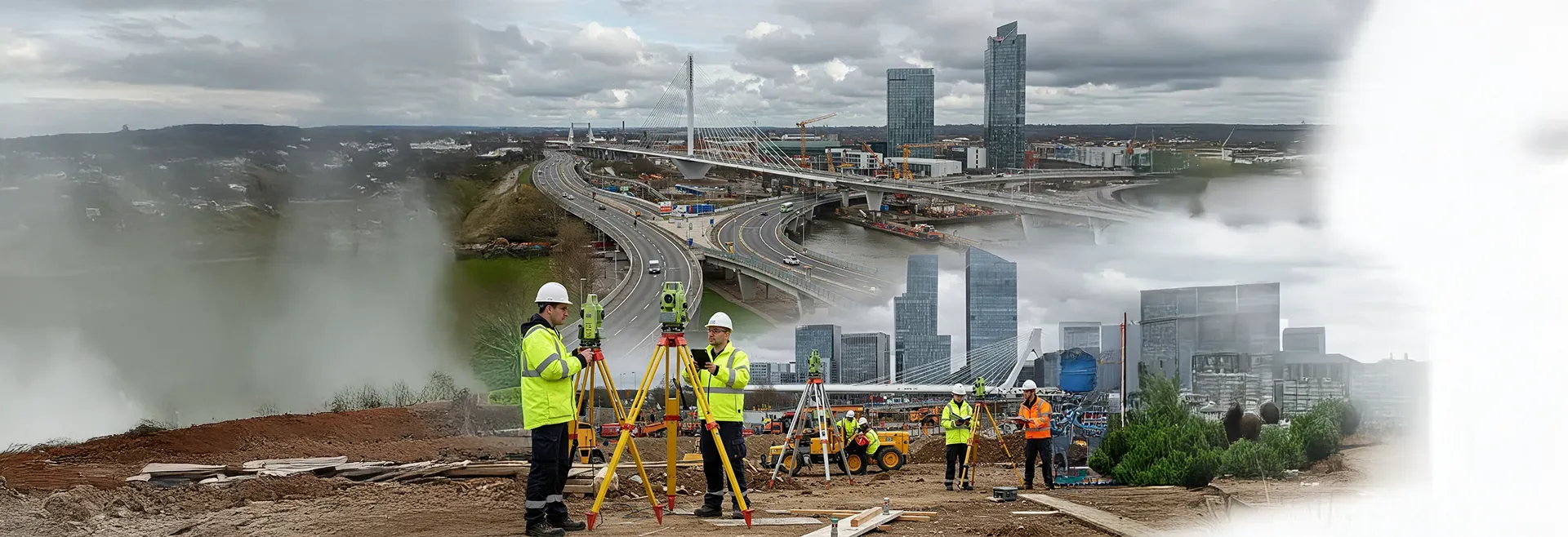 surveyors using advanced tools such as a total station, 3D laser scanner on a construction site