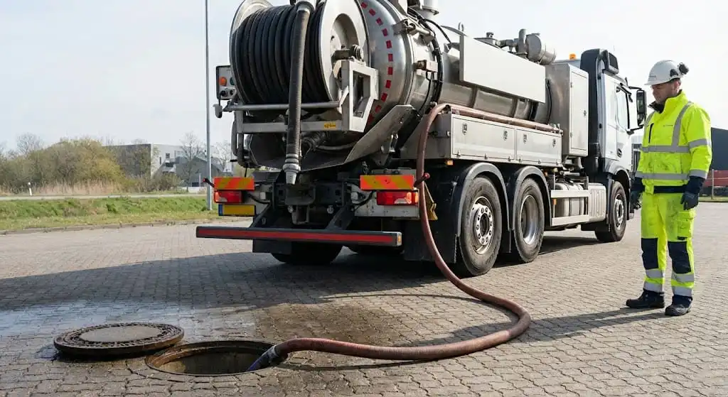 A drainage engineer carrying out preventative maintenance with a tanker unit.